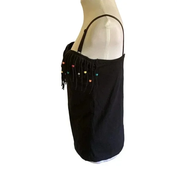 GLO Jeans Fringed Beaded Black Festival Top, Size XL (Junior),‎ w Padded Bra - Picture 5 of 7